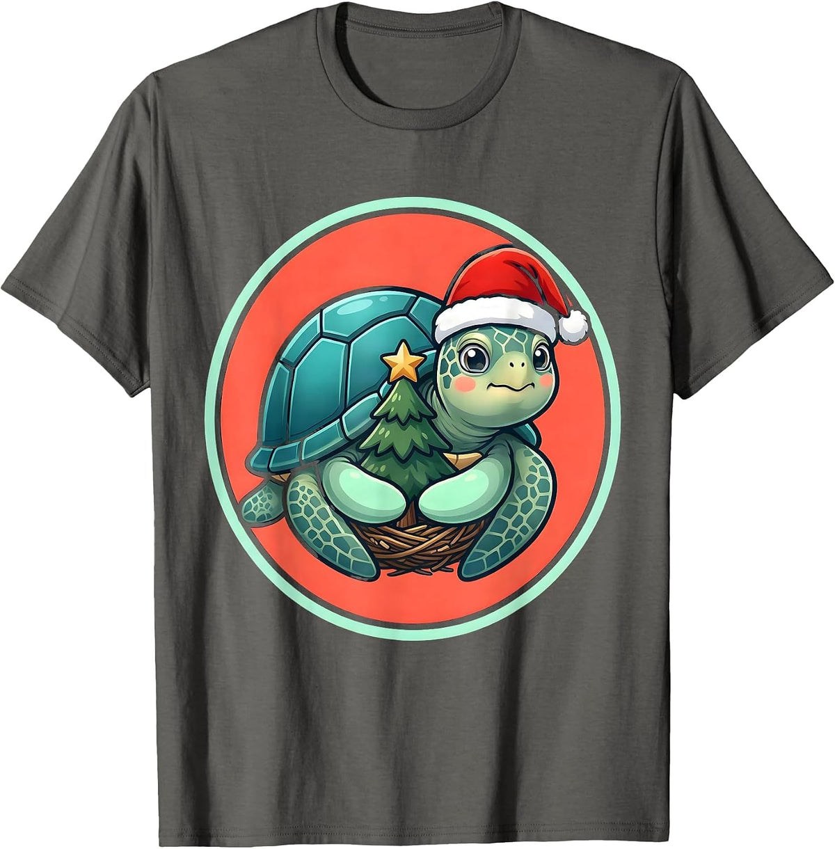 Men's Sea Turtle Santa Hat Cute Kawaii Christmas Novelty T-Shirt - Asphalt Grey