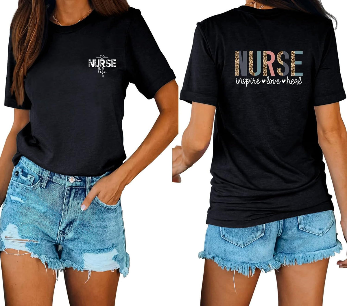 (1PC Printed Front and Back) Nurse Life Shirt Womens Funny Letter Printed Tee School Nursing Short Sleeve - Black