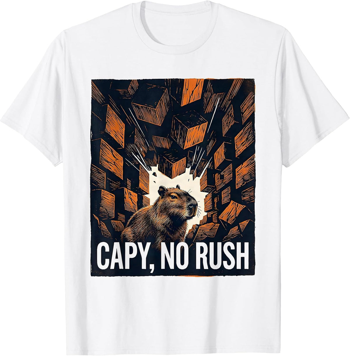Men's capy no rush Linocut Funny Capybara Animal Meme Humor T-Shirt - White