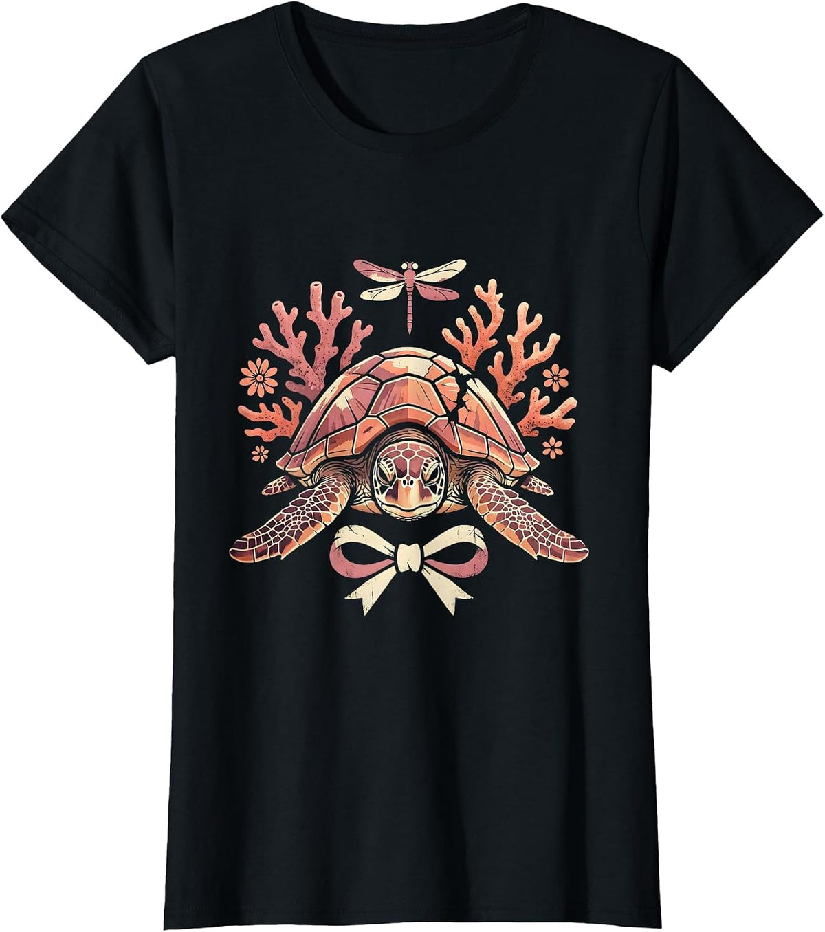 Sea Turtle Pink Coral Breast Cancer Awareness T-Shirt - Black
