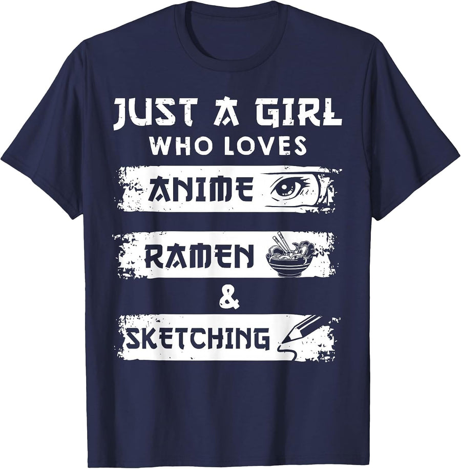 Just a Girl Who Loves Anime Ramen and Sketching Otaku Anime T-Shirt - Navy Blue