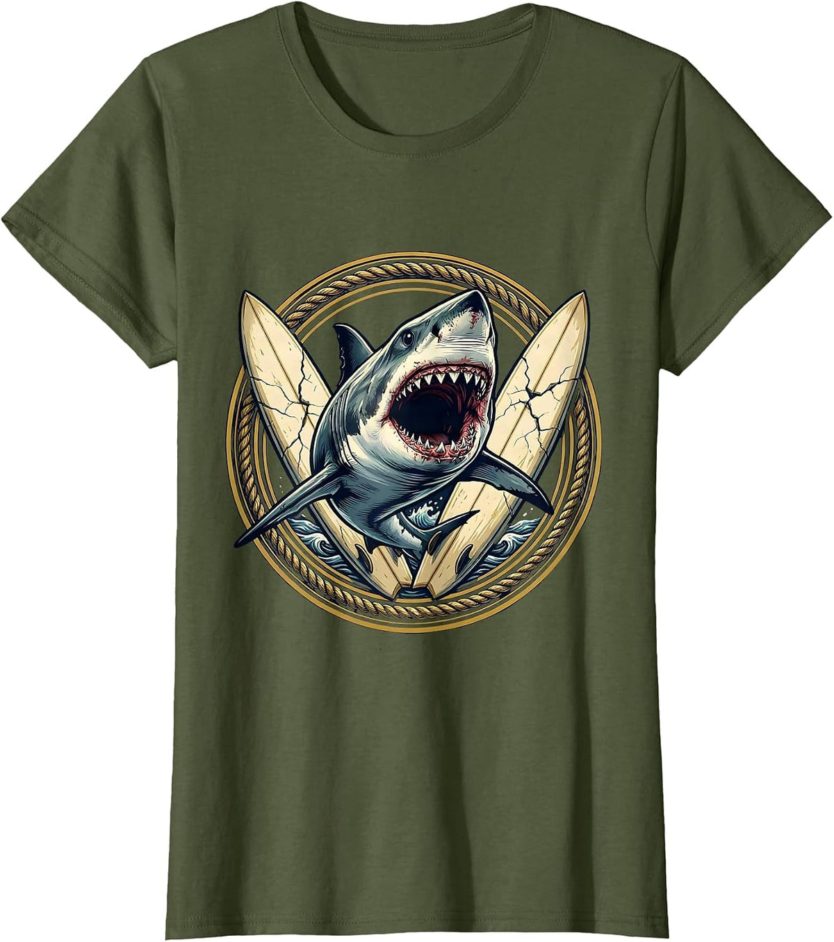 Women's Shark Bursting Through Vintage Surfboard Graphic T-Shirt - Olive Green