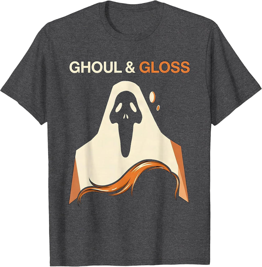 Men's Ghoul & Gloss Halloween Skeleton Hairstylist Barber Humor T-Shirt - Dark Heather Grey
