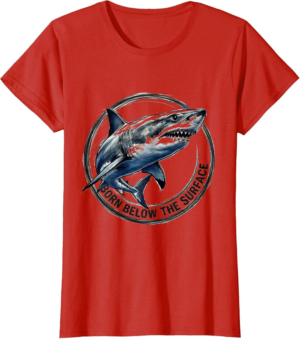 Women's Born Below the Surface Shark Design T-Shirt - Red