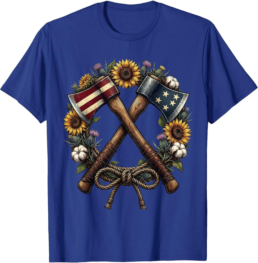 Red White and Blue Crossed Axes Floral Wreath Design T-Shirt - Royal Blue