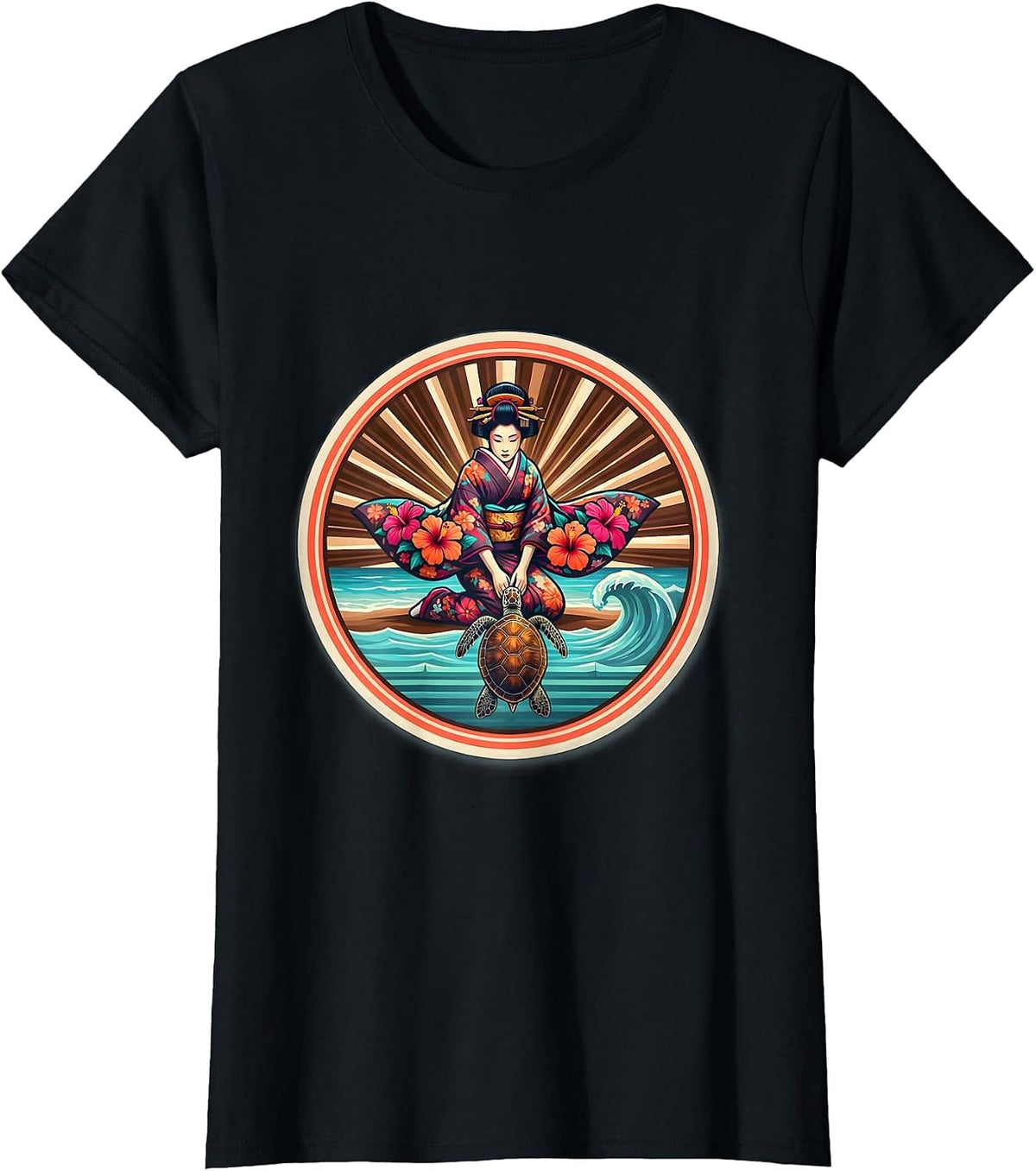 Floral Kimono Sea Turtle Release Aloha Design T-Shirt - Black