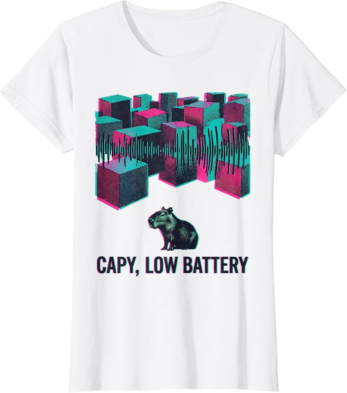 capy low battery Risograph Capybara Meme Animal Humor T-Shirt - White