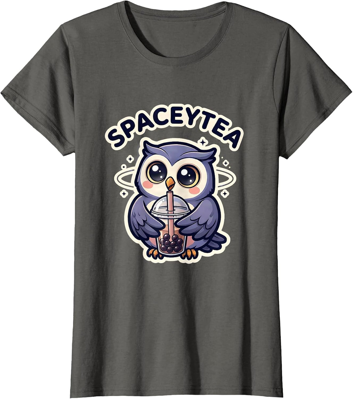 Women's Spaceytea Kawaii Anime Owl Boba Tea Lover Cute Chibi T-Shirt - Asphalt Grey
