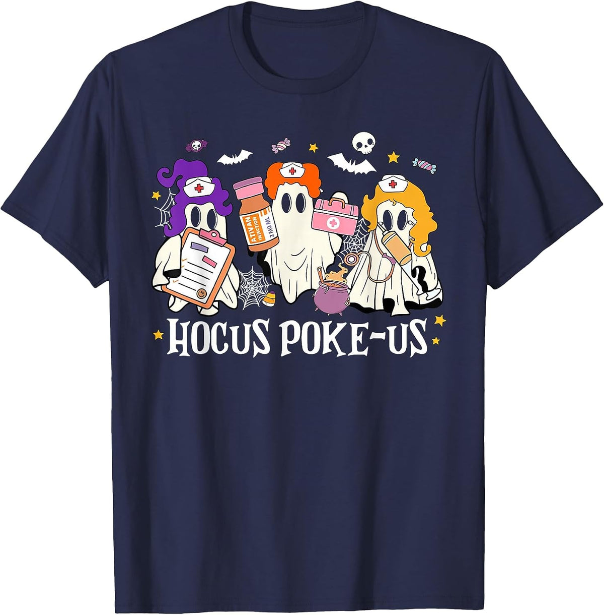 Hocus Poke-us Funny Ghost Nurse Spooky Season Halloween T-Shirt - Navy Blue