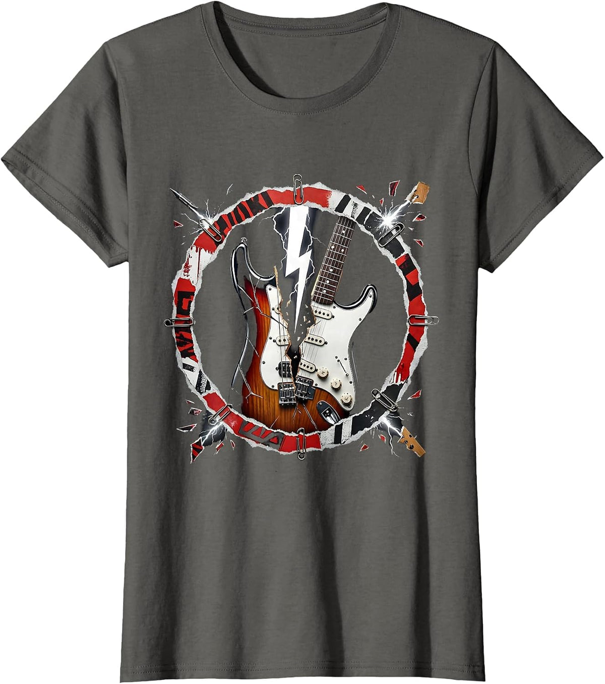 Women's Lightning Bolt Strikes Electric Guitar Rock Art T-Shirt - Asphalt Grey