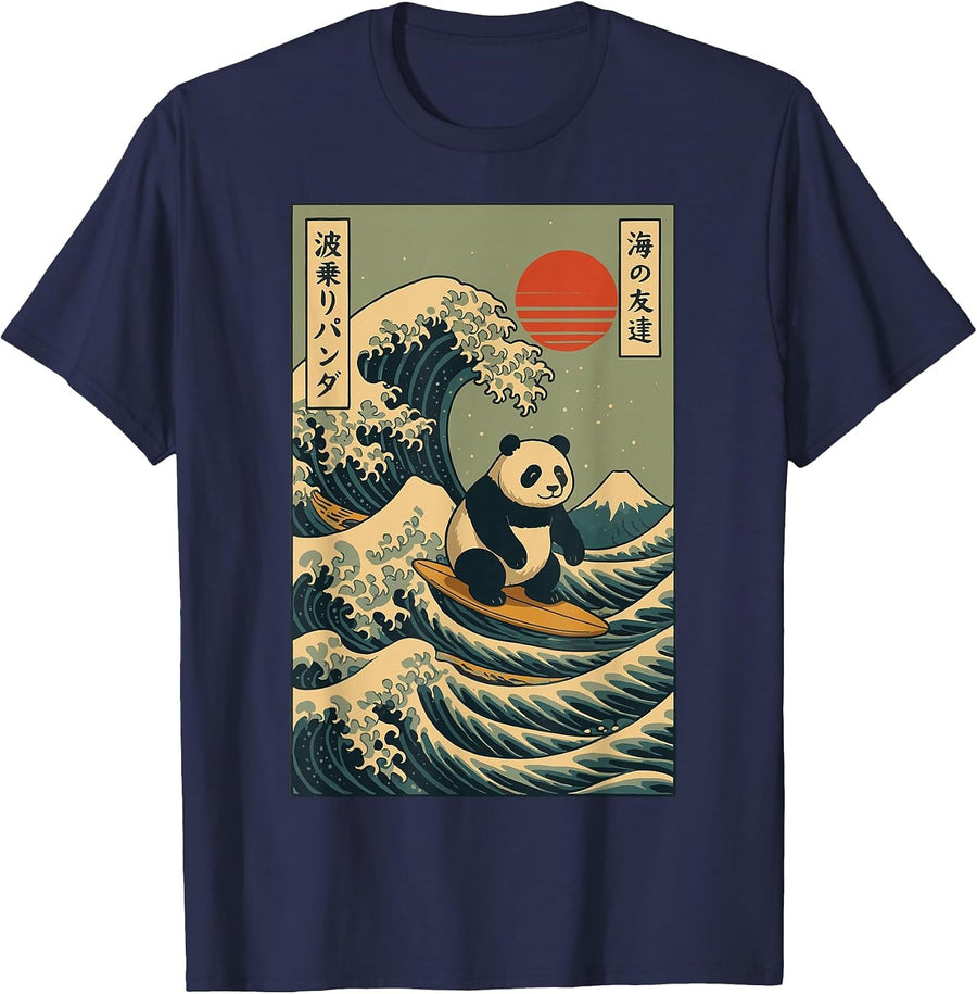Panda Surfing Japanese T-Shirt - Navy Blue