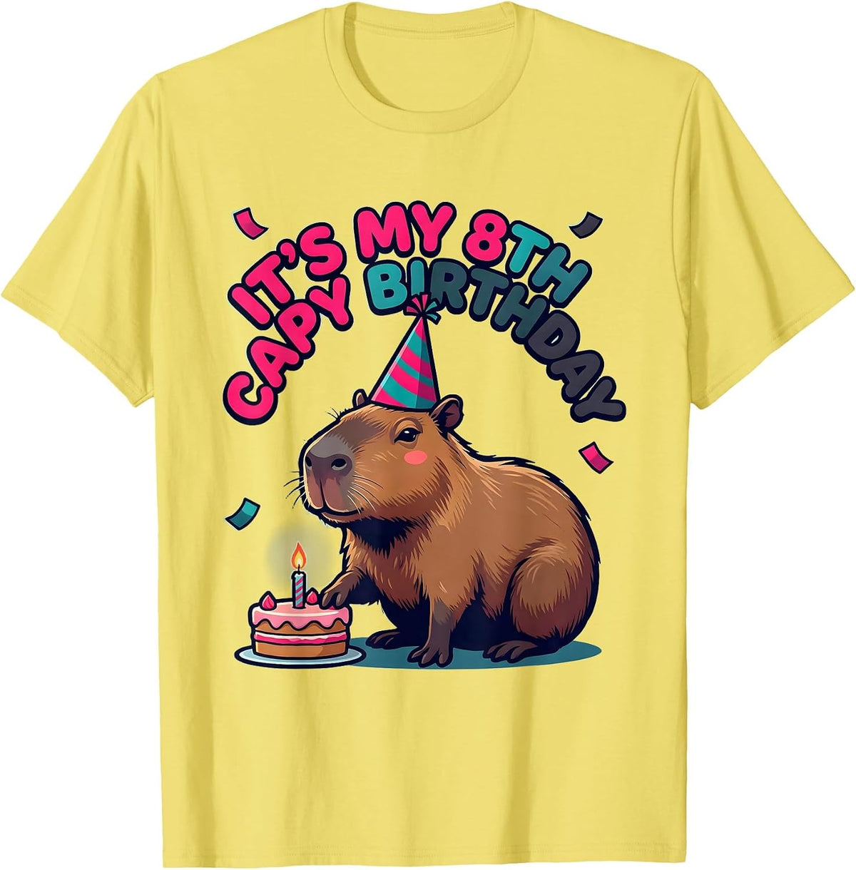 Men's It's My 8th Capy Birthday Funny Capybara Kids Party Humor T-Shirt - Lemon Yellow