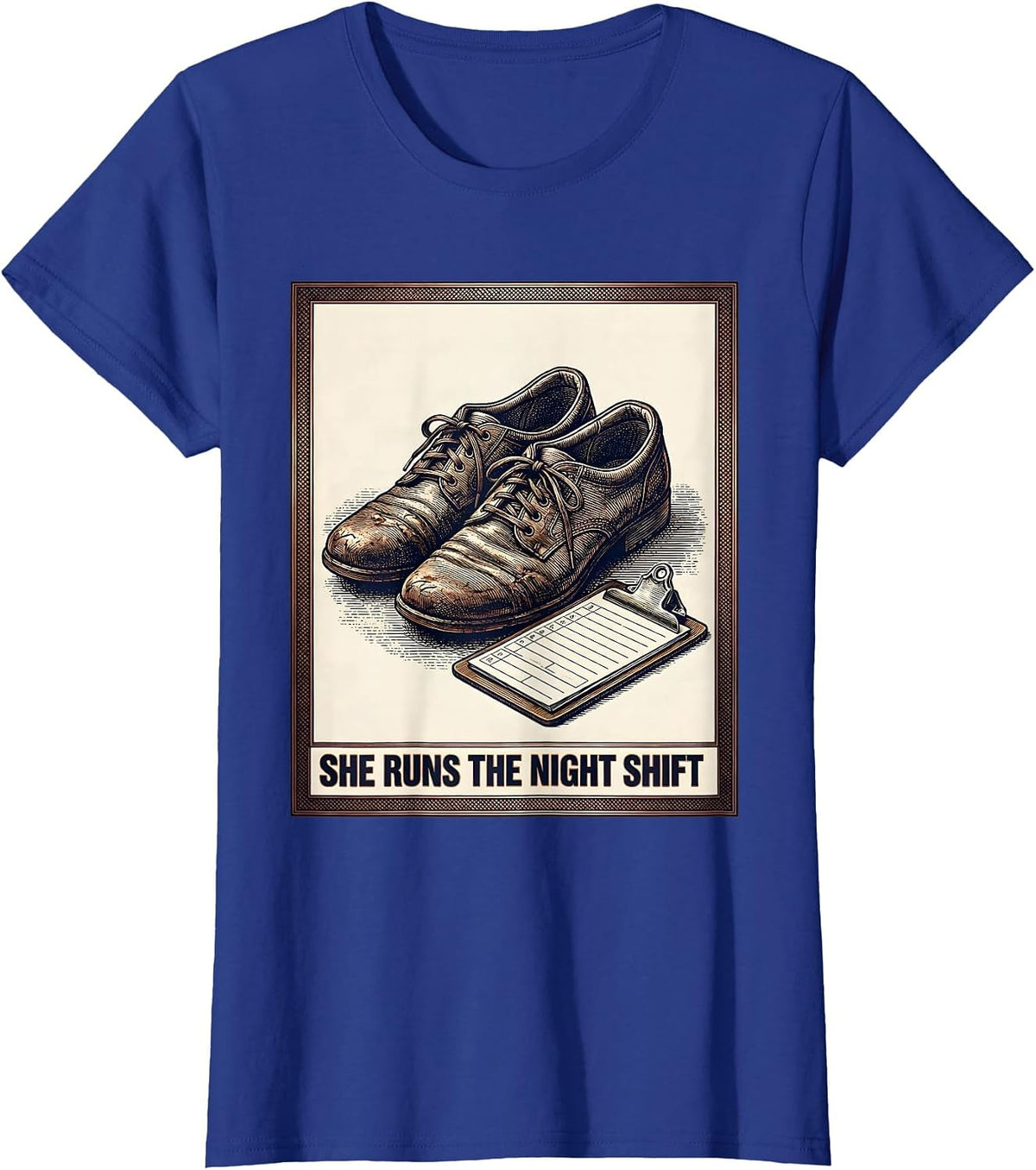 Women's She Runs The Night Shift Crosshatch Etching Nurse Humor T-Shirt - Royal Blue