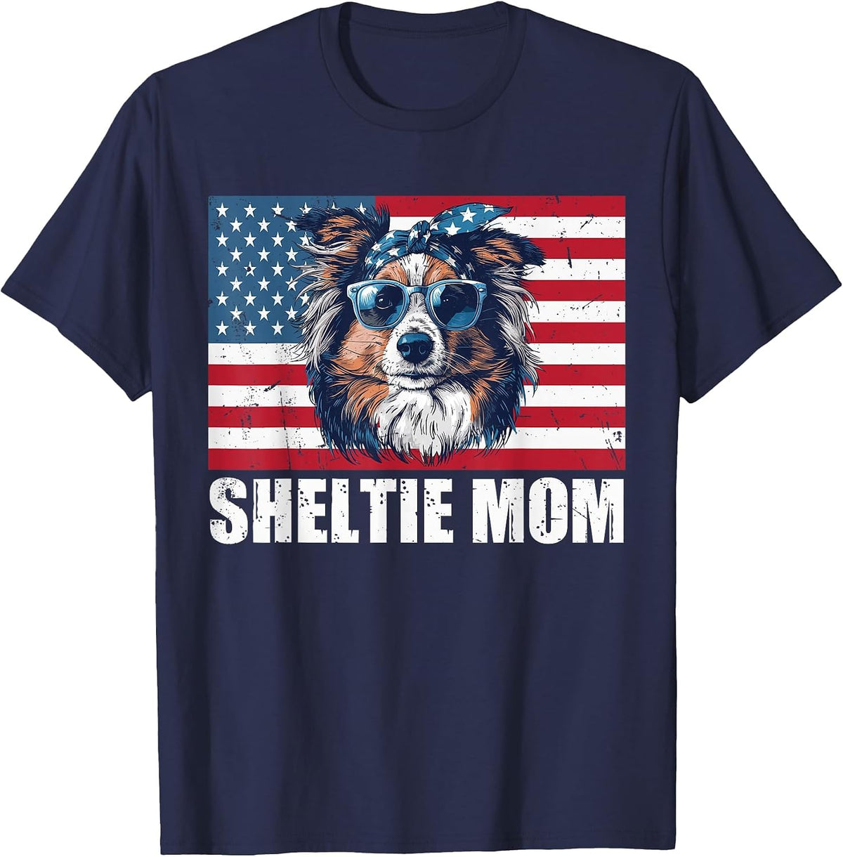 Sheltie Mom American Flag Puppy Lover Dog Owner 4th of July T-Shirt - Navy Blue