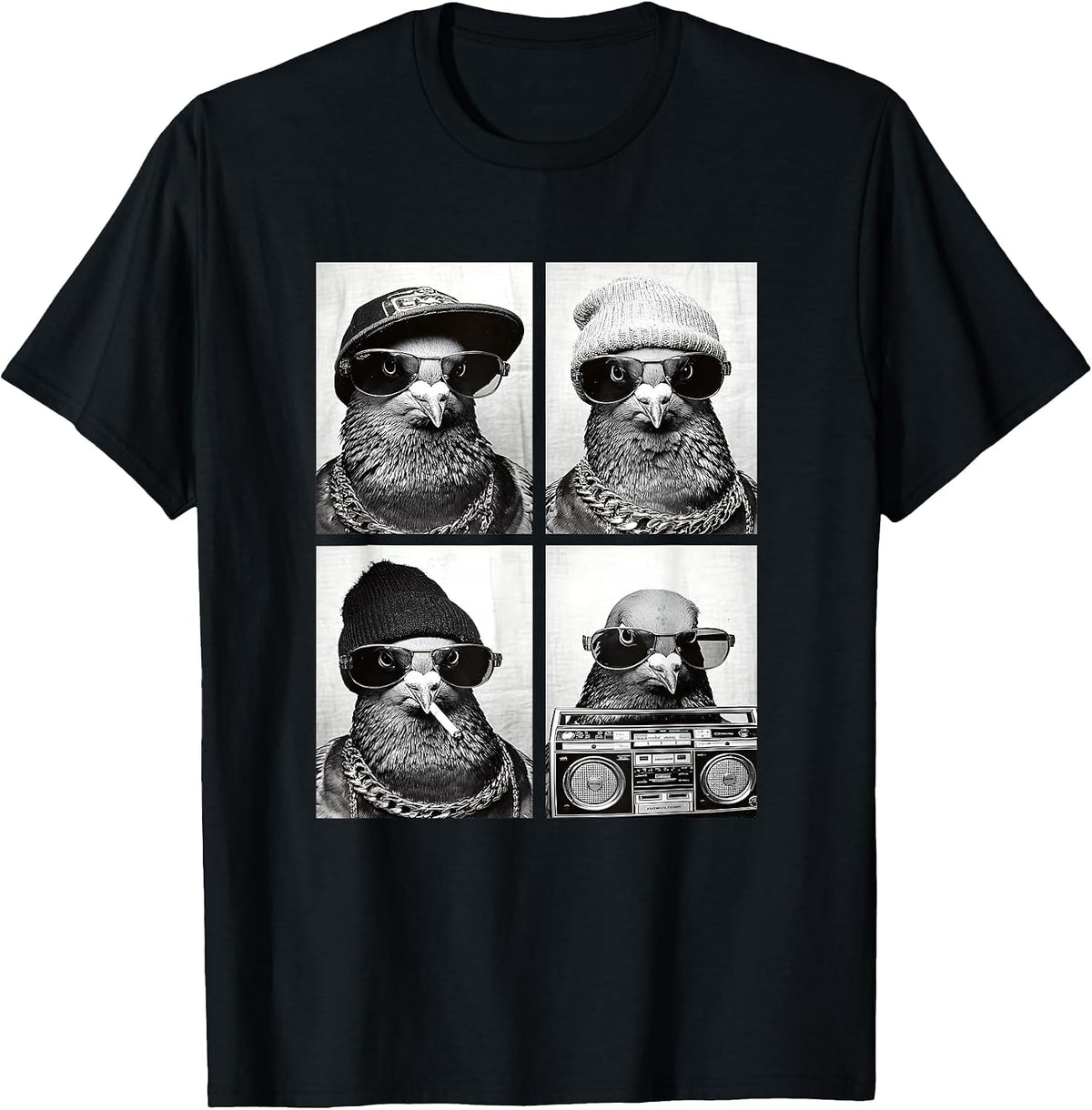 Funny Gangster Pigeons Hip Hop Rap Street Urban Animals Meme T-Shirt - Black