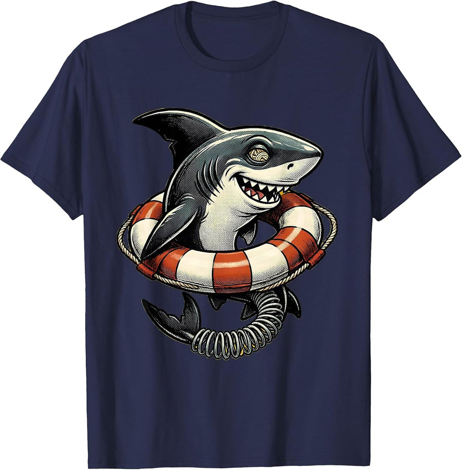 Shark Fin Circling Life Preserver Sailor Design T-Shirt - Navy Blue