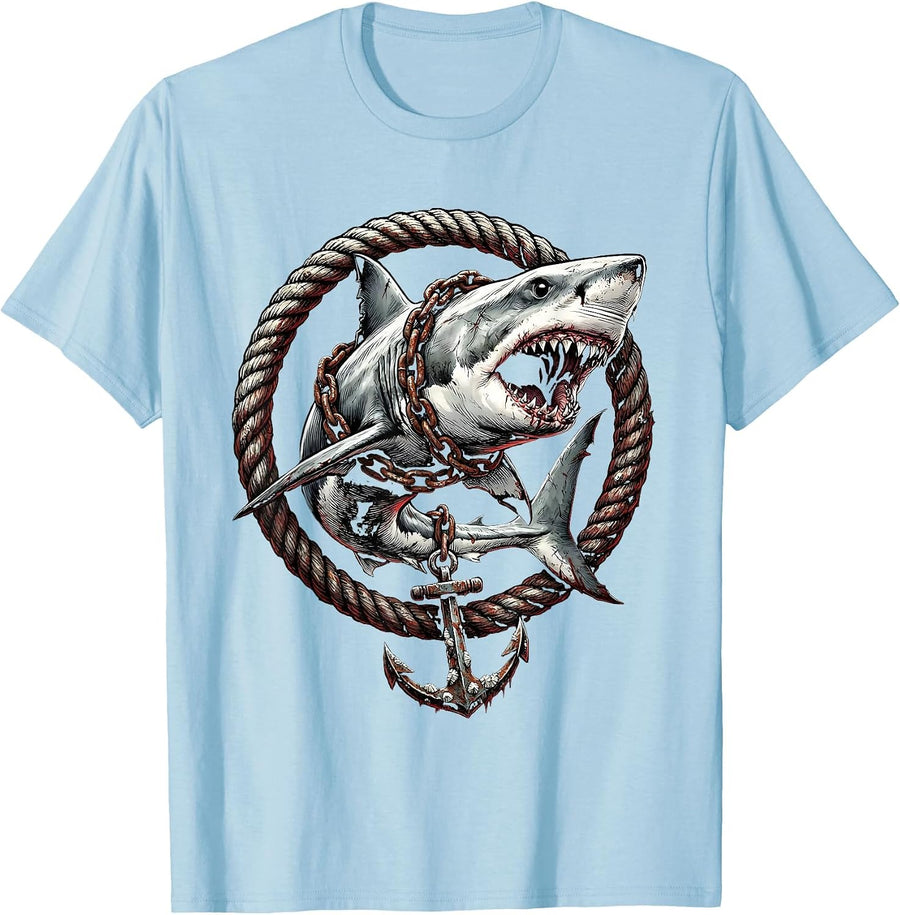 Men's Shark With Anchor Chain Wrapped Around Body T-Shirt - Baby Blue