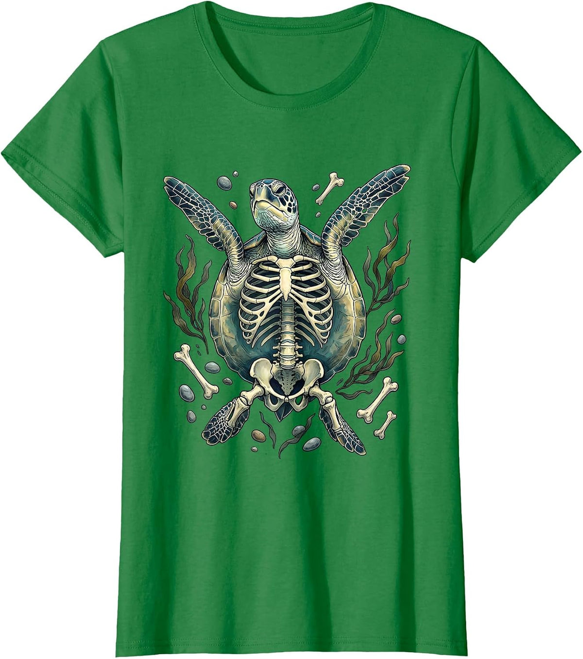 Women's Turtle Skeleton Deep Ocean Swim Graphic T-Shirt - Kelly Green