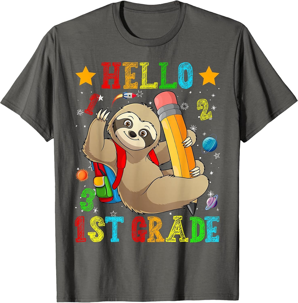 Cute Hello 1st Grade Sloth Animal Back to School Kids Girls T-Shirt - Asphalt Grey