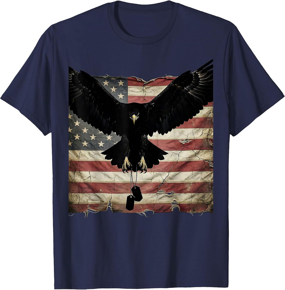Men's Eagle and Dog Tags Patriotic Military Graphic T-Shirt - Navy Blue