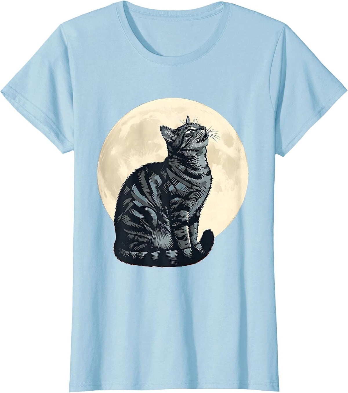 Gray Tabby Howling at Moon 90s Retro Novelty T-Shirt - Baby Blue