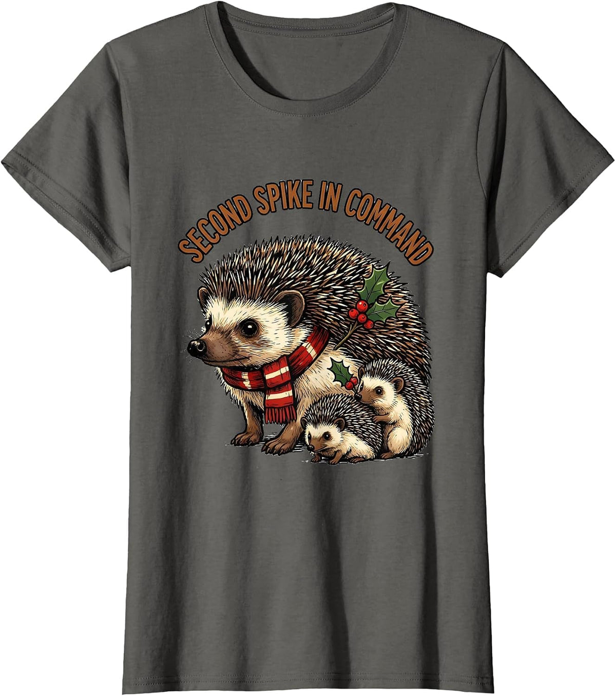 Women's Second Spike In Command Cute Hedgehog Christmas Novelty T-Shirt - Asphalt Grey