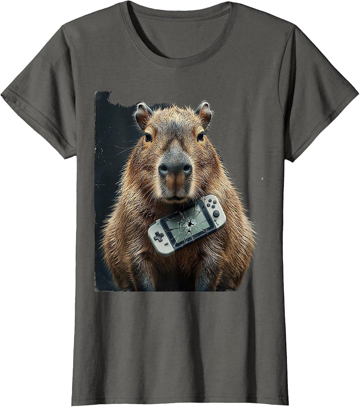 Women's Capybara Gamer Distressed Meme Humor T-Shirt - Asphalt Grey