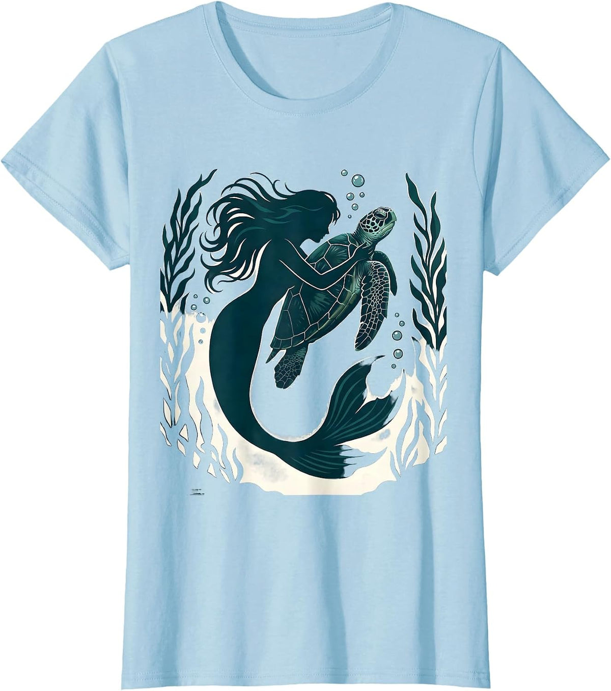 Women's Mermaid and Sea Turtle Underwater Embrace T-Shirt - Baby Blue