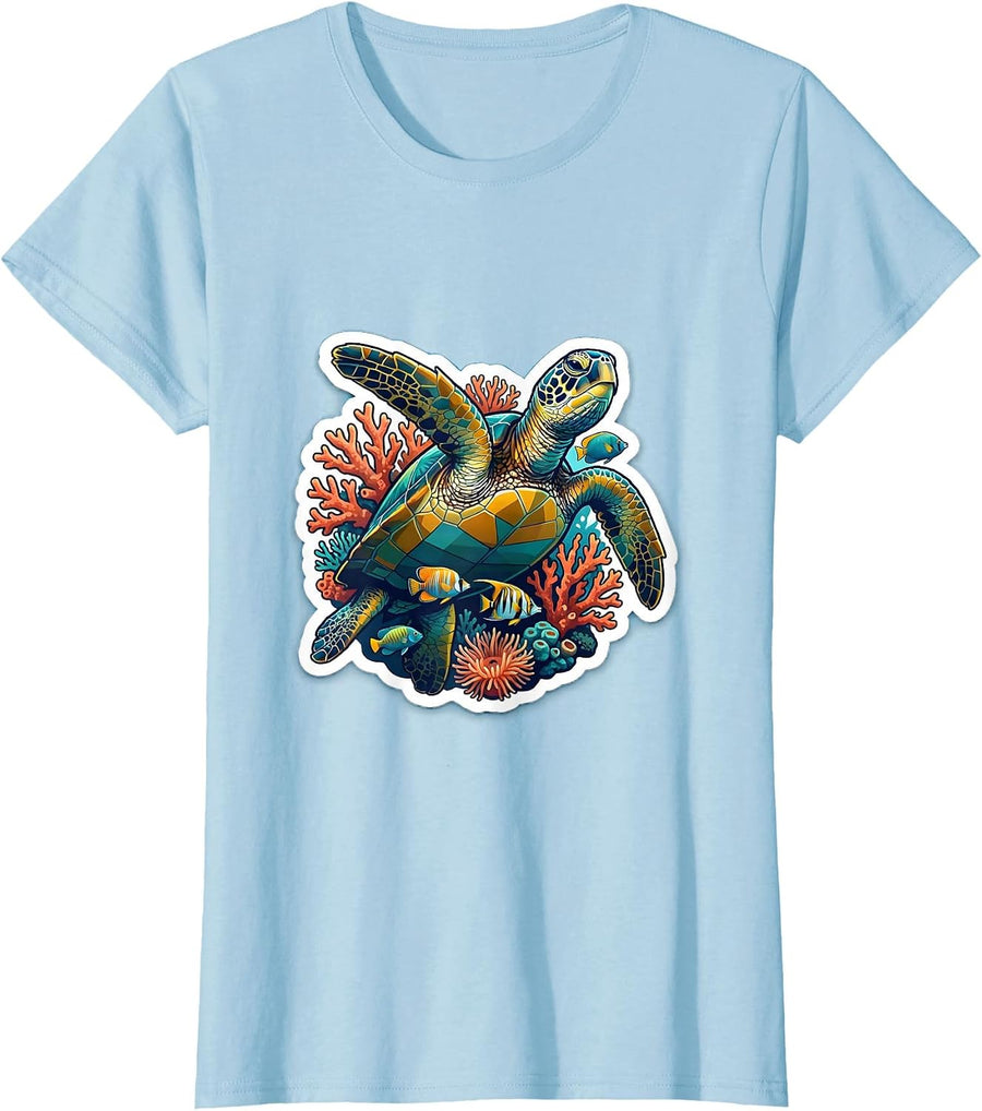 Women's Sea Turtle Coral Reef Aloha Ocean Art T-Shirt - Baby Blue