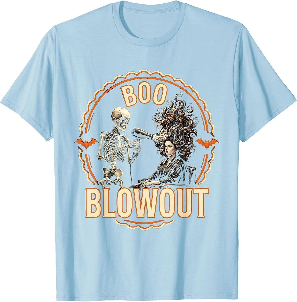 Men's Boo Blowout Skeleton Hairstylist Halloween Barber Humor T-Shirt - Baby Blue