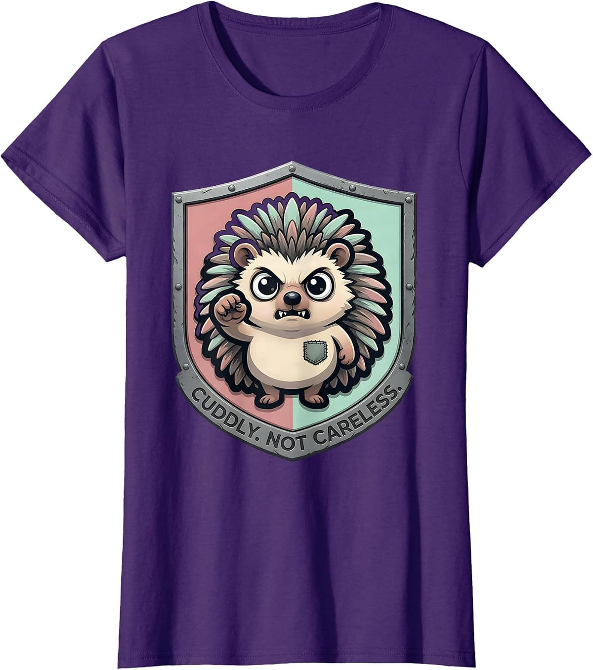 Women's Cuddly Not Careless Pastel Goth Kawaii Chibi Hedgehog Mascot T-Shirt - Purple