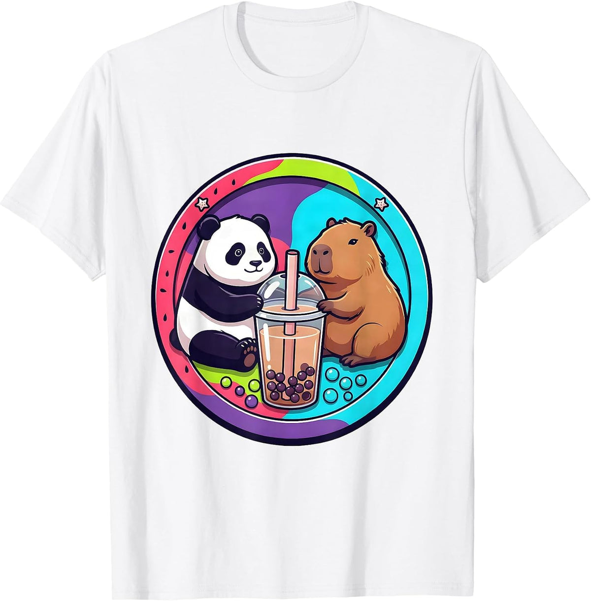 Men's Chibi Panda Capybara Boba Cup Kawaii Anime Cute T-Shirt - White
