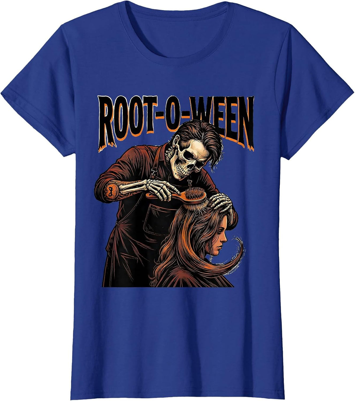 Women's Root-o-Ween Tattoo Skeleton Hairstylist Barber Halloween T-Shirt - Royal Blue