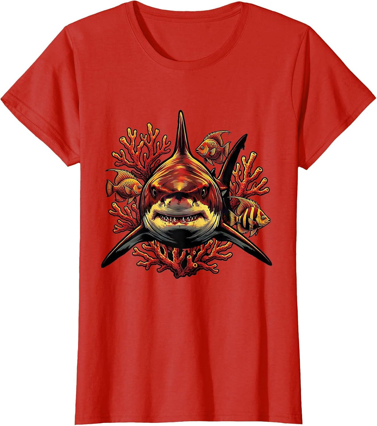 Women's Bull Shark Coral Reef Illustration T-Shirt - Red