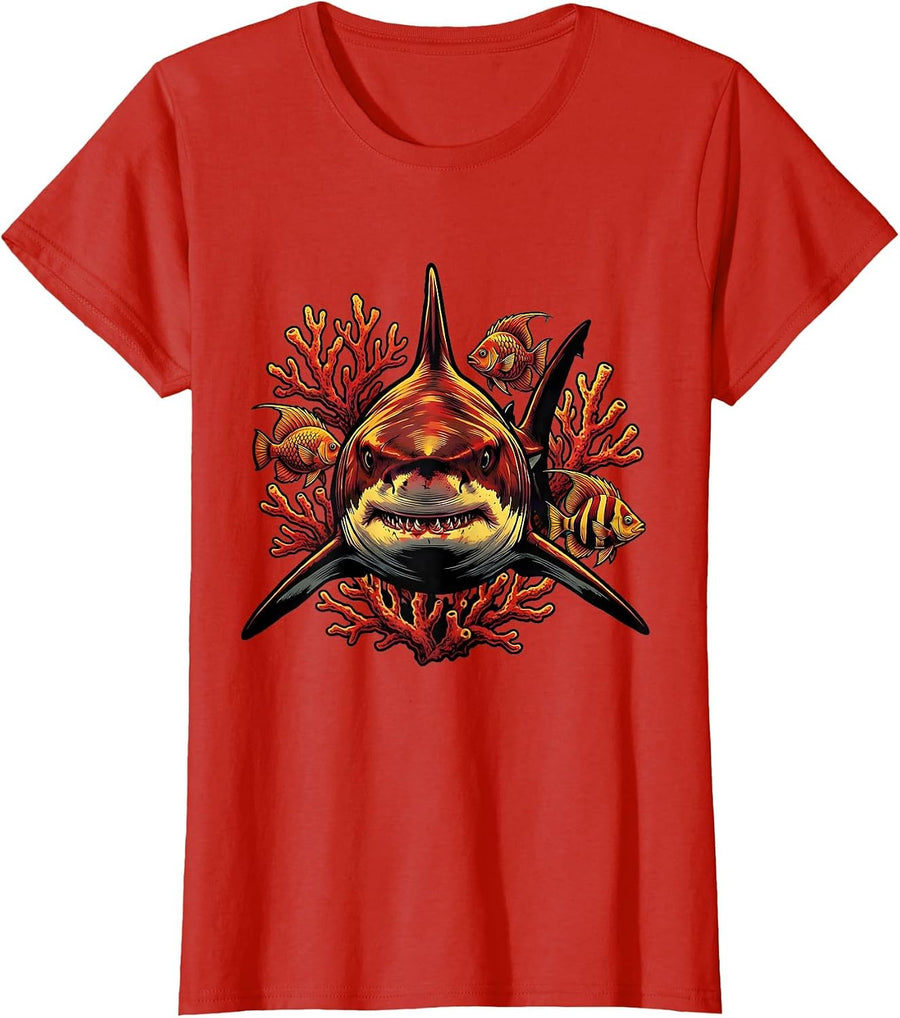 Women's Bull Shark Coral Reef Illustration T-Shirt - Red