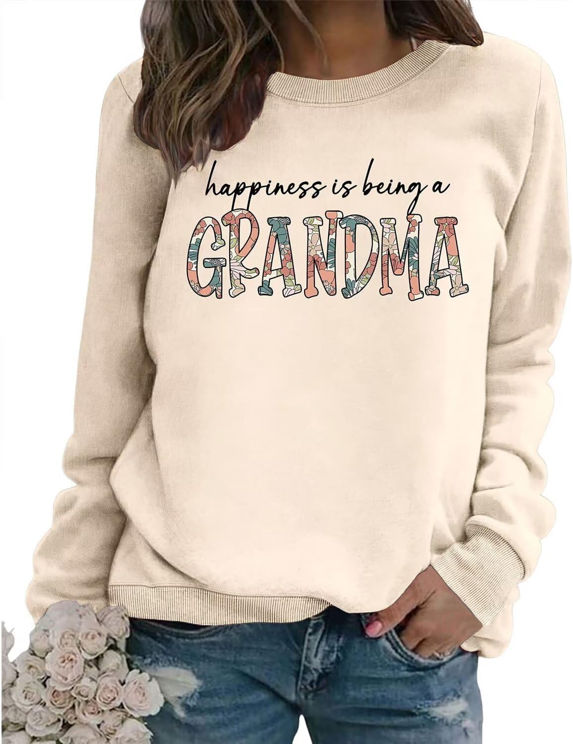 Grandma Sweatshirt for Women Happiness is Being a Grandma Graphic Shirts - Beige
