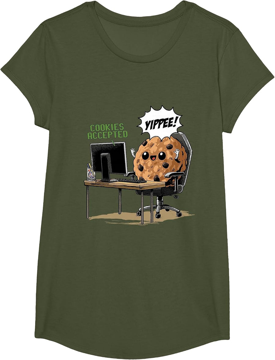 Cookies Accepted Nerd Shirt Funny Computer Internet Coder T-Shirt, Girls, Olive Green, Large - As Pictured