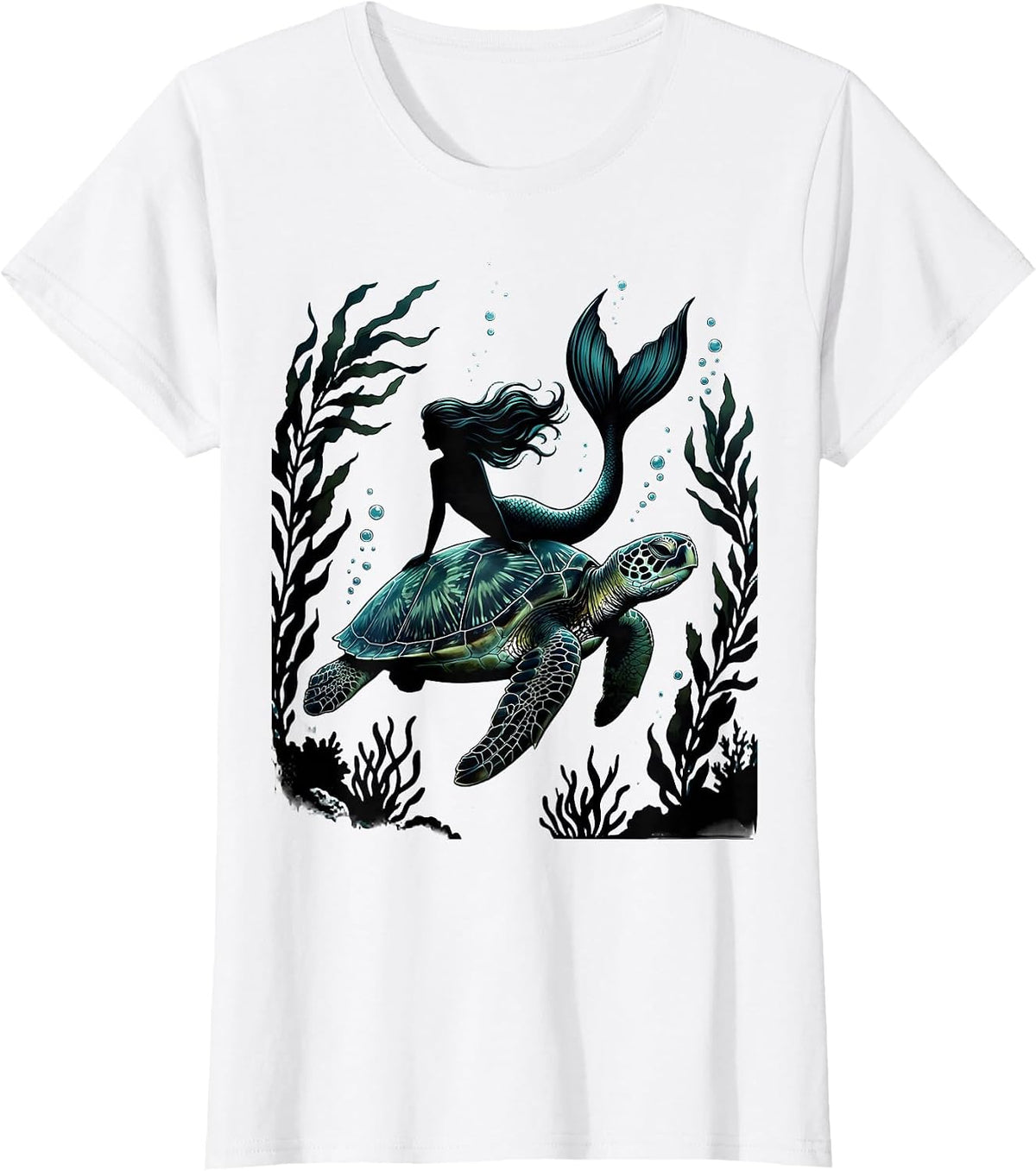 Mermaid Riding Giant Sea Turtle Underwater Art T-Shirt - White