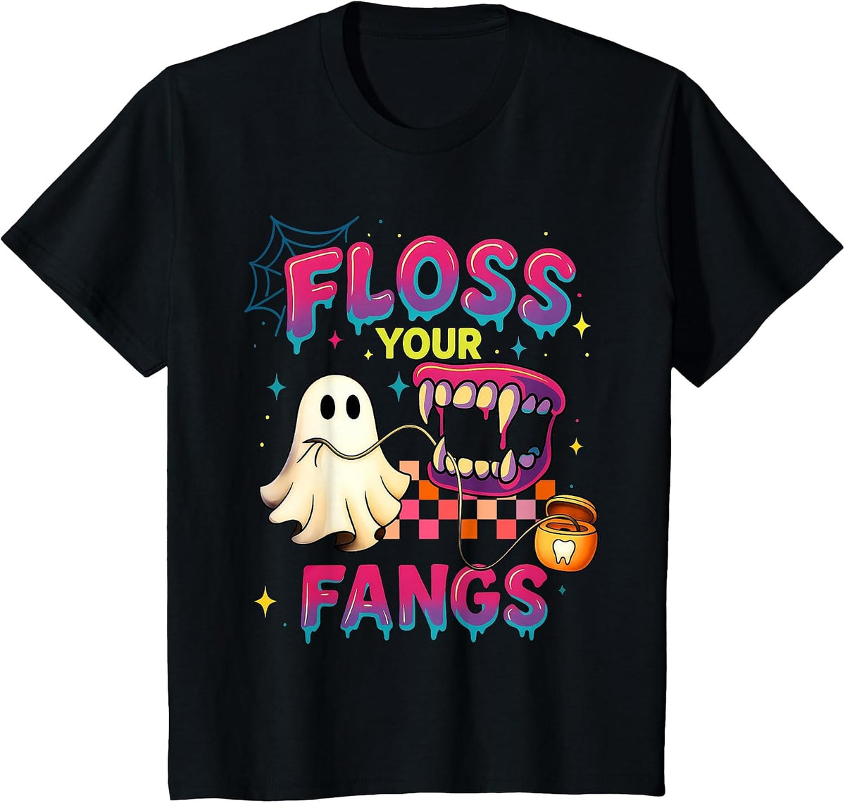 Floss Your Fangs Spooky Dentist Funny Boo Dental Halloween T-Shirt - Black