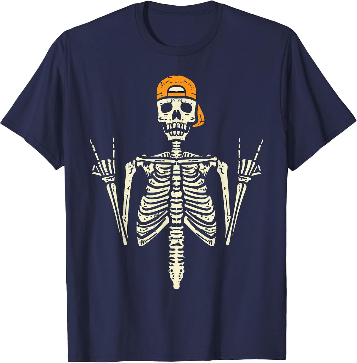 Rocker Skeleton Cap Skater Cool Halloween Punk Rock Men Boys T-Shirt - Navy Blue
