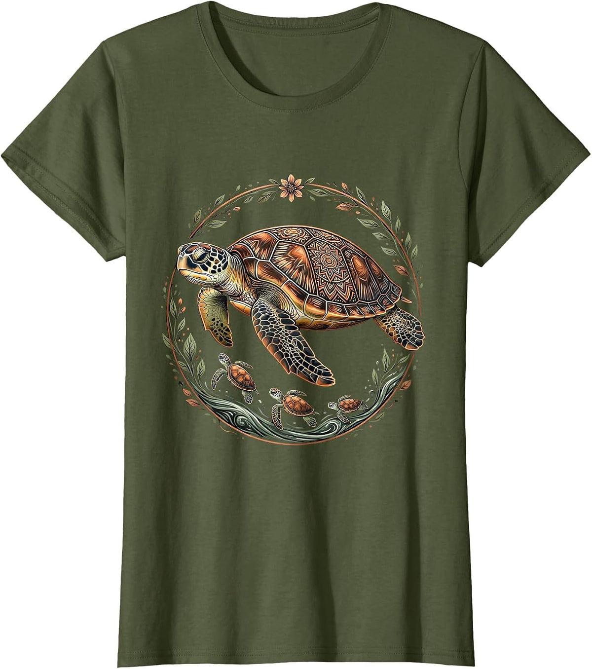 Women's Mama Turtle Guiding Hatchlings to the Ocean T-Shirt - Olive Green