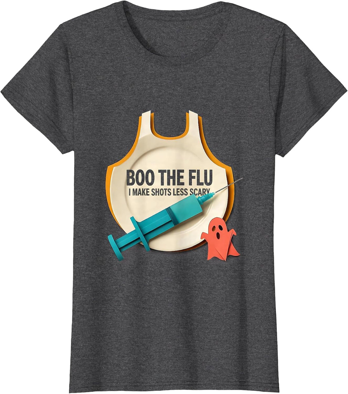 Women's Boo the Flu I Make Shots Less Scary Funny Nurse Halloween T-Shirt - Dark Heather Grey