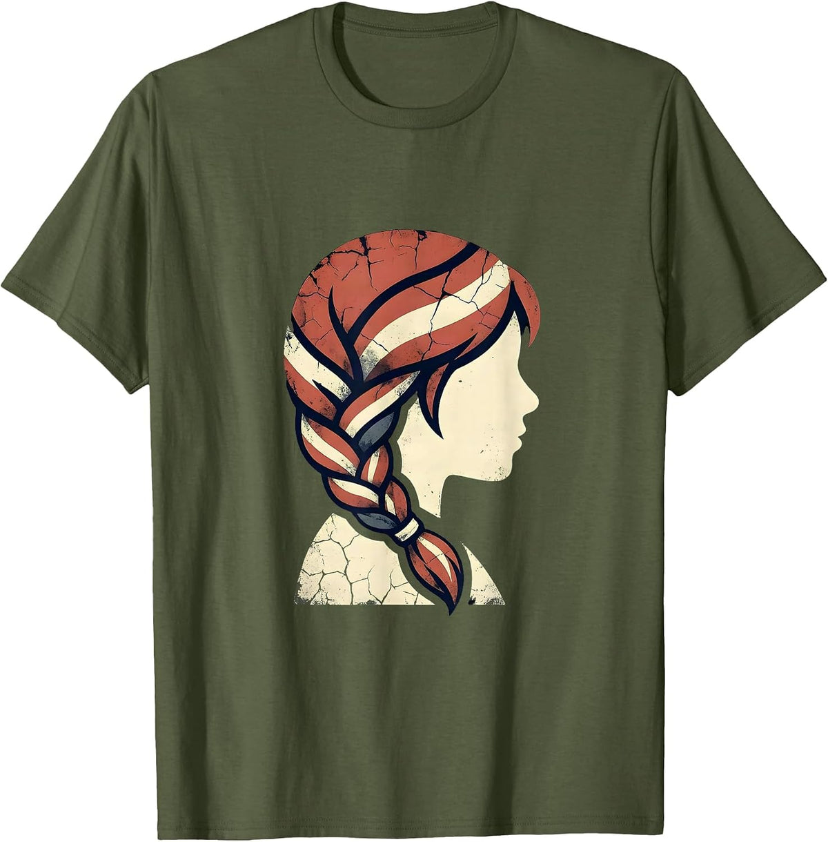 Girls Red White and Blue Braided Flag Ribbon T-Shirt - Olive Green