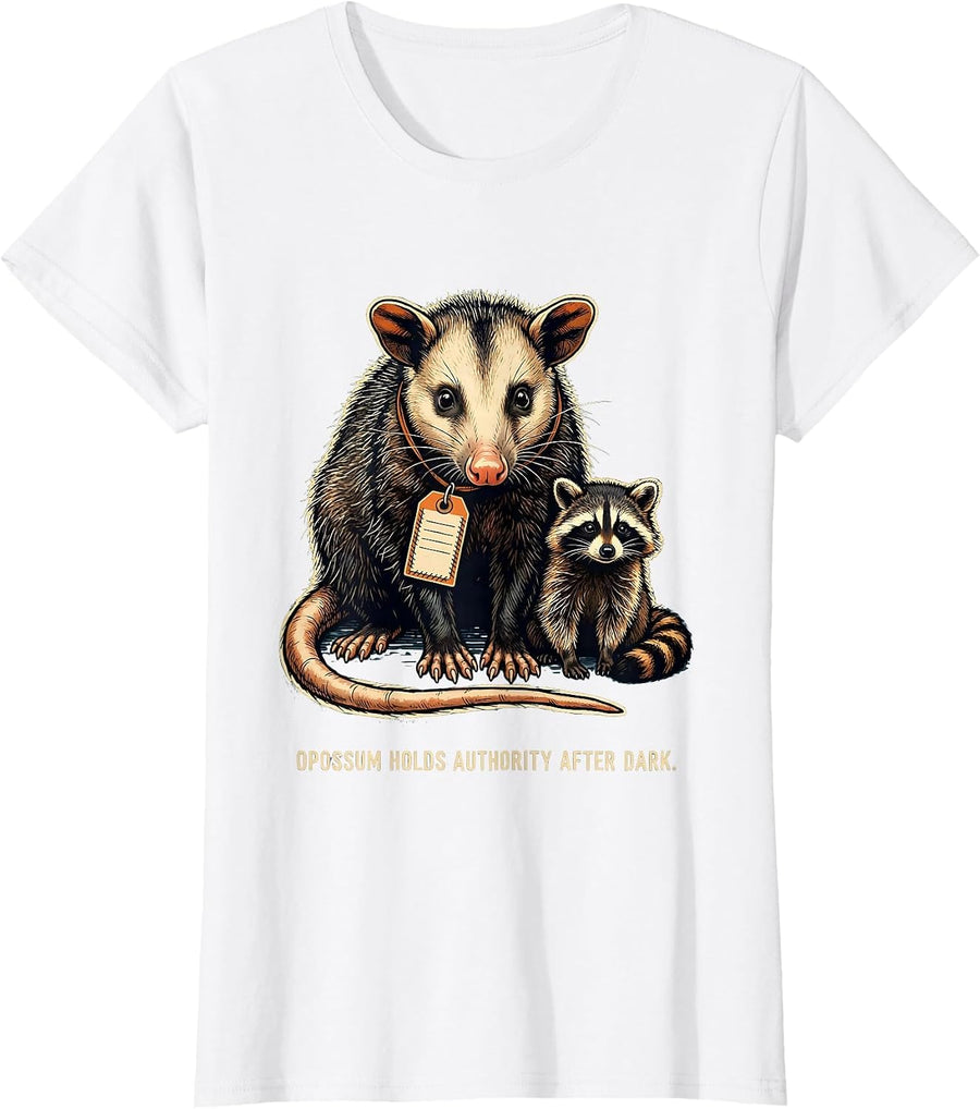 Women's Opossum Holds Authority After Dark Funny Animal Meme Humor T-Shirt - White