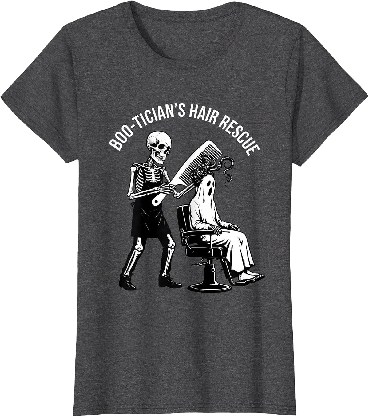 Women's Boo-tician's Hair Rescue Funny Skeleton Hairdresser T-Shirt - Dark Heather Grey