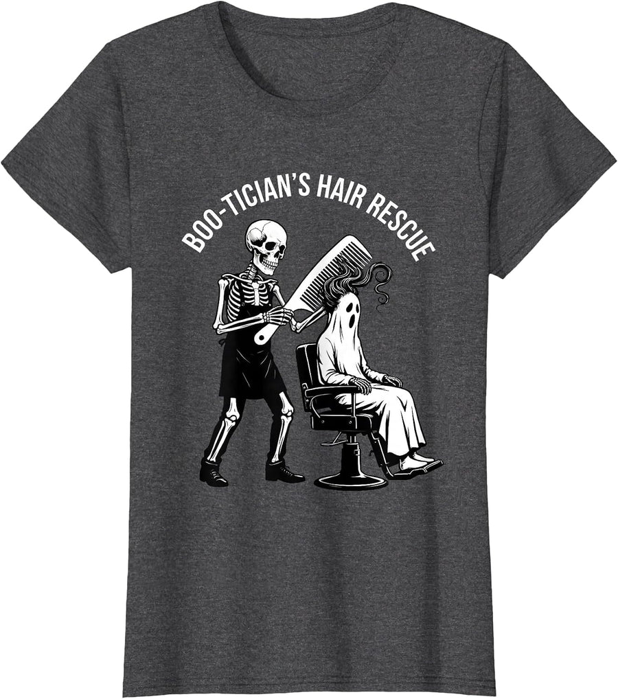 Women's Boo-tician's Hair Rescue Funny Skeleton Hairdresser T-Shirt - Dark Heather Grey