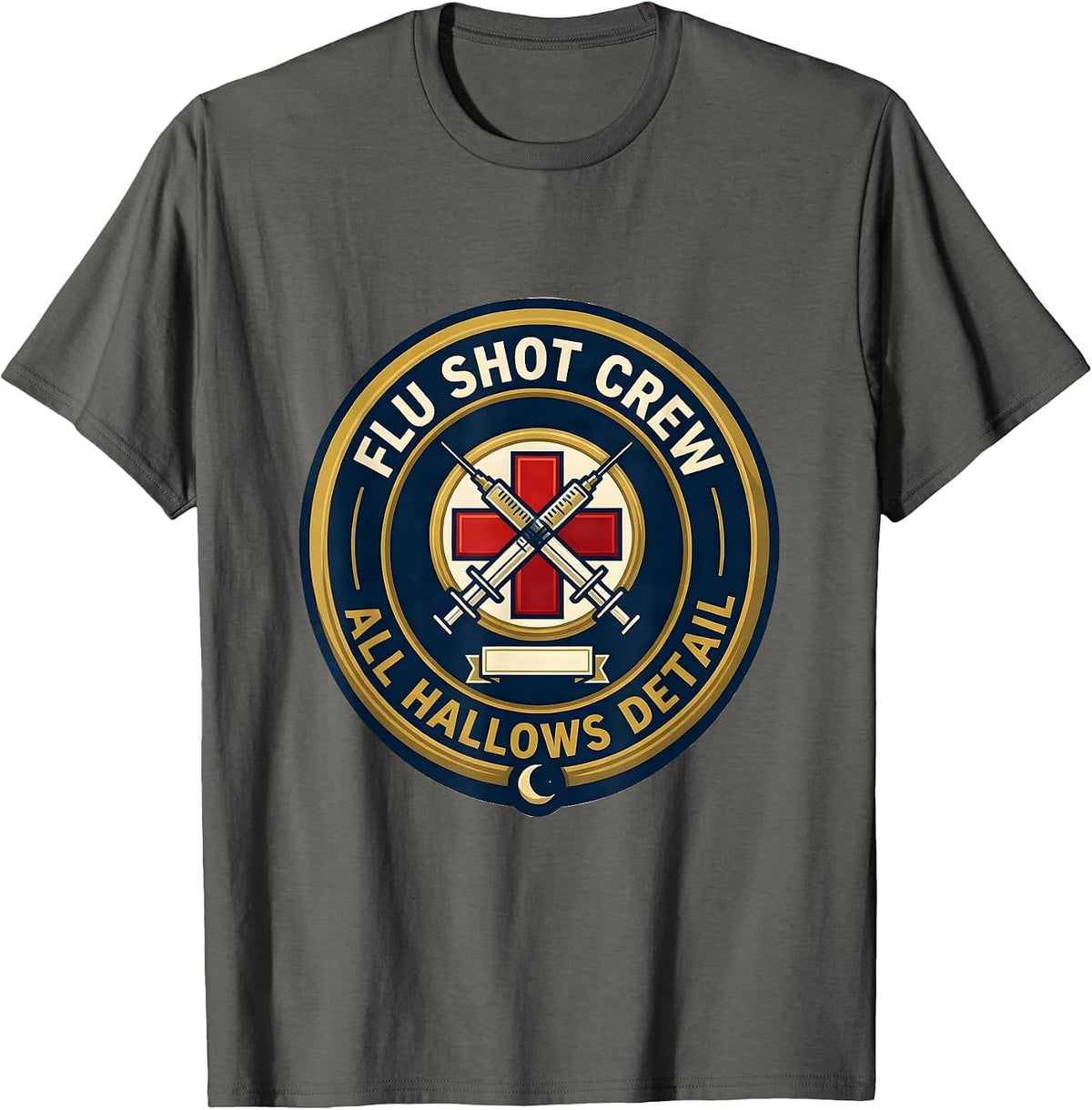 Men's Flu Shot Crew All Hallows Detail Funny Nurse Halloween Humor T-Shirt - Asphalt Grey