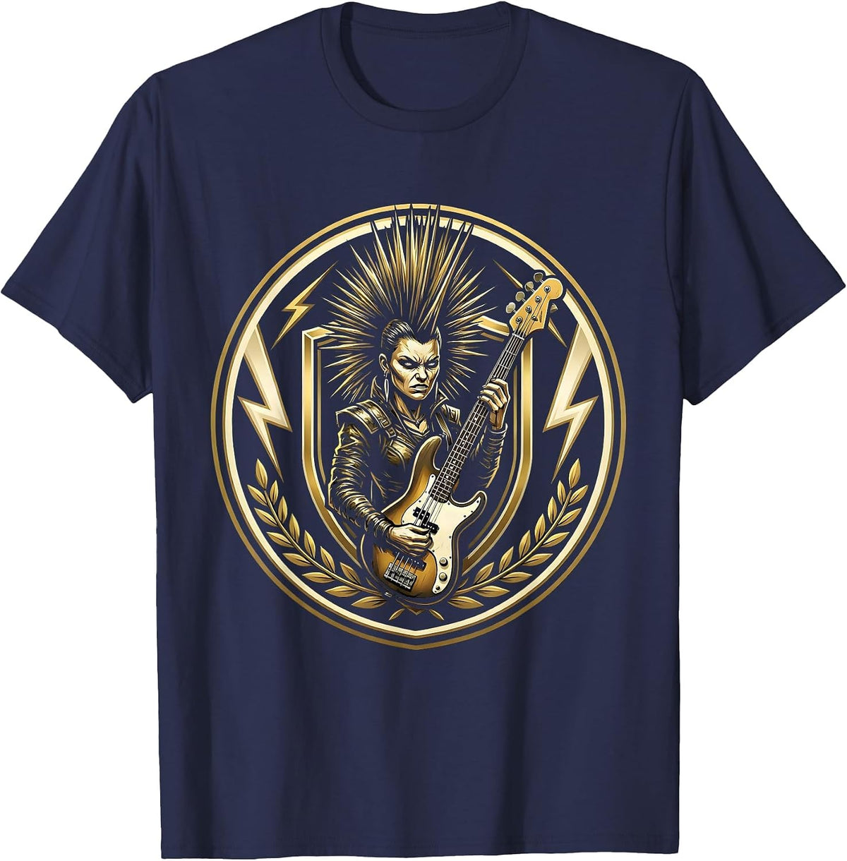 Fierce Mohawk Bass Guitar Rock Band Graphic T-Shirt - Navy Blue