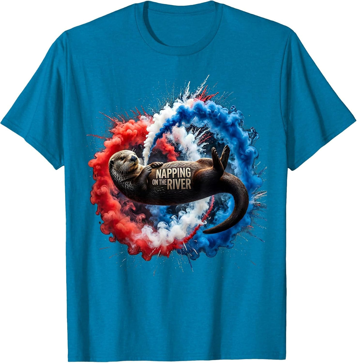 Napping On The River Otter Design T-Shirt - Sapphire Blue