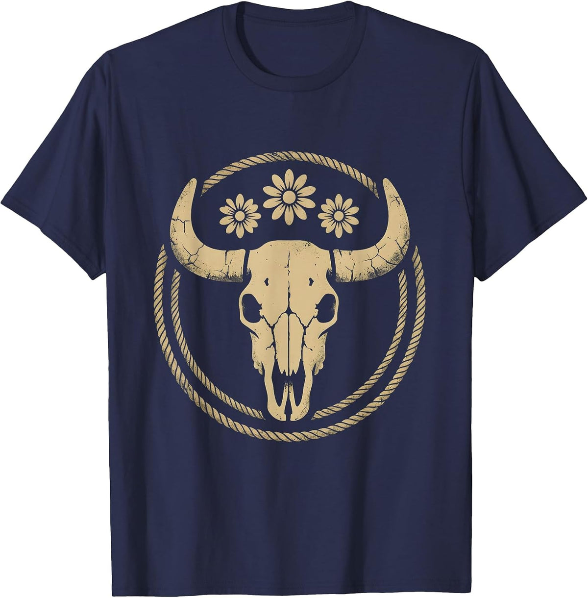 Cowgirl Roping Steer at Full Gallop Western Art T-Shirt - Navy Blue